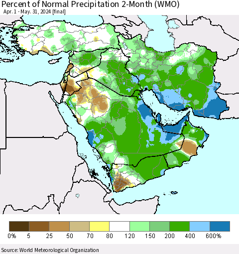 Middle East and Turkey Percent of Normal Precipitation 2-Month (WMO) Thematic Map For 4/1/2024 - 5/31/2024