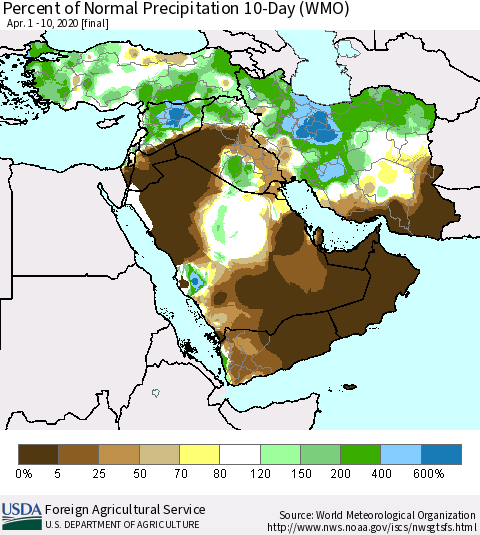 Middle East and Turkey Percent of Normal Precipitation 10-Day (WMO) Thematic Map For 4/1/2020 - 4/10/2020