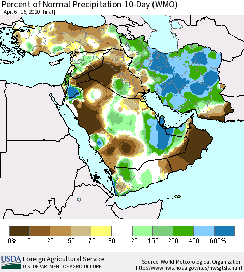 Middle East and Turkey Percent of Normal Precipitation 10-Day (WMO) Thematic Map For 4/6/2020 - 4/15/2020