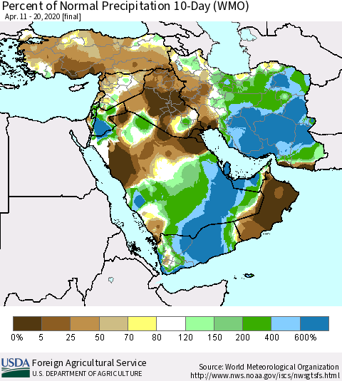 Middle East and Turkey Percent of Normal Precipitation 10-Day (WMO) Thematic Map For 4/11/2020 - 4/20/2020