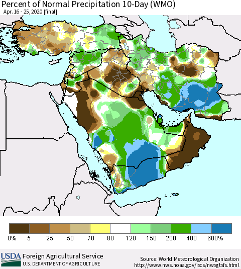Middle East and Turkey Percent of Normal Precipitation 10-Day (WMO) Thematic Map For 4/16/2020 - 4/25/2020