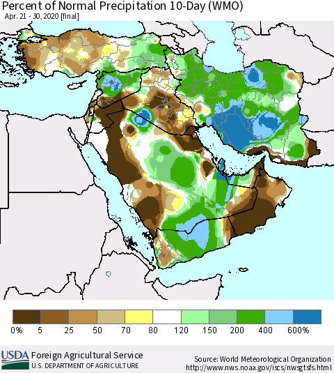 Middle East and Turkey Percent of Normal Precipitation 10-Day (WMO) Thematic Map For 4/21/2020 - 4/30/2020