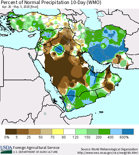Middle East and Turkey Percent of Normal Precipitation 10-Day (WMO) Thematic Map For 4/26/2020 - 5/5/2020