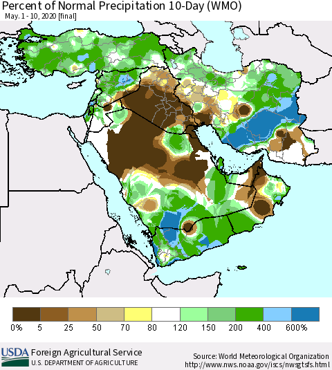 Middle East and Turkey Percent of Normal Precipitation 10-Day (WMO) Thematic Map For 5/1/2020 - 5/10/2020