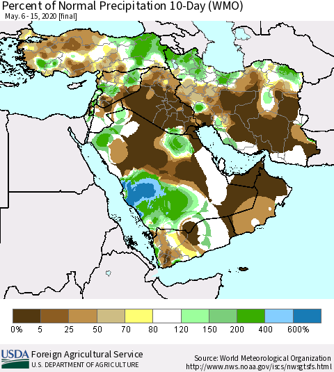 Middle East and Turkey Percent of Normal Precipitation 10-Day (WMO) Thematic Map For 5/6/2020 - 5/15/2020