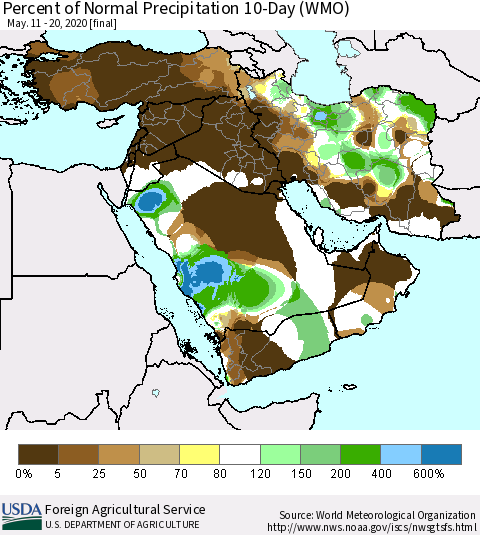 Middle East and Turkey Percent of Normal Precipitation 10-Day (WMO) Thematic Map For 5/11/2020 - 5/20/2020