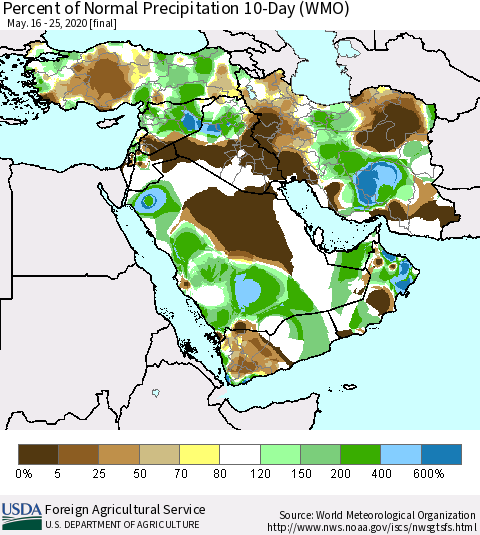 Middle East and Turkey Percent of Normal Precipitation 10-Day (WMO) Thematic Map For 5/16/2020 - 5/25/2020