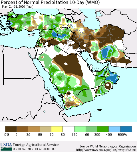 Middle East and Turkey Percent of Normal Precipitation 10-Day (WMO) Thematic Map For 5/21/2020 - 5/31/2020