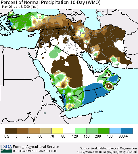 Middle East and Turkey Percent of Normal Precipitation 10-Day (WMO) Thematic Map For 5/26/2020 - 6/5/2020