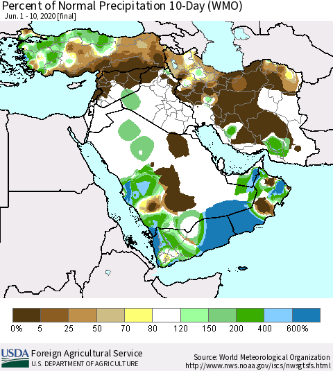Middle East and Turkey Percent of Normal Precipitation 10-Day (WMO) Thematic Map For 6/1/2020 - 6/10/2020