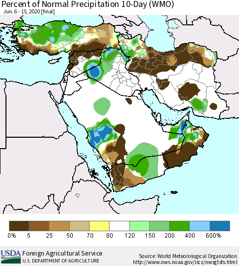 Middle East and Turkey Percent of Normal Precipitation 10-Day (WMO) Thematic Map For 6/6/2020 - 6/15/2020