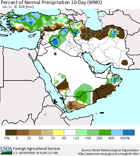 Middle East and Turkey Percent of Normal Precipitation 10-Day (WMO) Thematic Map For 6/11/2020 - 6/20/2020