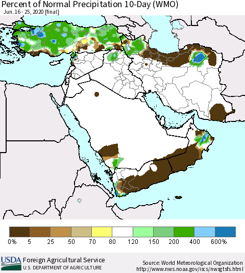 Middle East and Turkey Percent of Normal Precipitation 10-Day (WMO) Thematic Map For 6/16/2020 - 6/25/2020