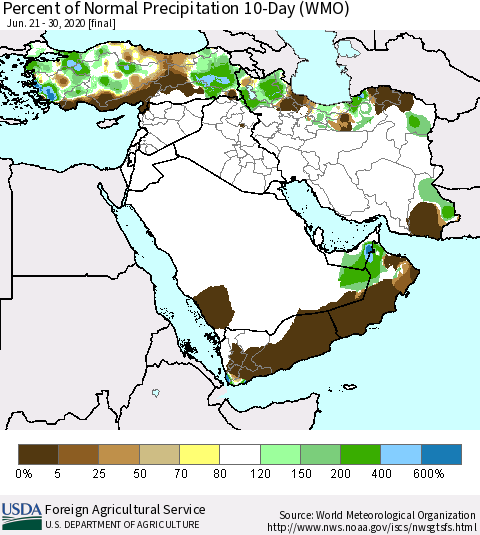Middle East and Turkey Percent of Normal Precipitation 10-Day (WMO) Thematic Map For 6/21/2020 - 6/30/2020