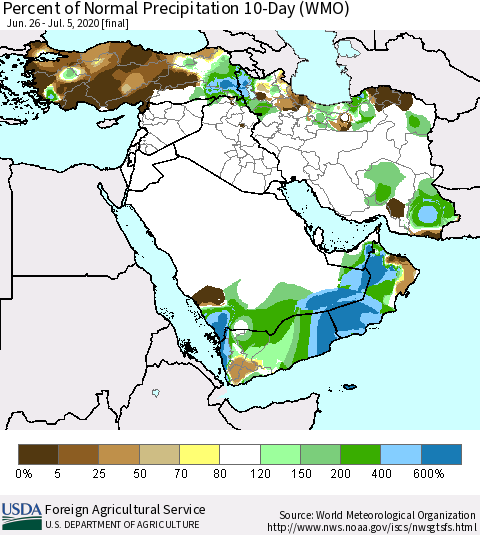 Middle East and Turkey Percent of Normal Precipitation 10-Day (WMO) Thematic Map For 6/26/2020 - 7/5/2020