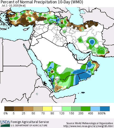 Middle East and Turkey Percent of Normal Precipitation 10-Day (WMO) Thematic Map For 7/1/2020 - 7/10/2020