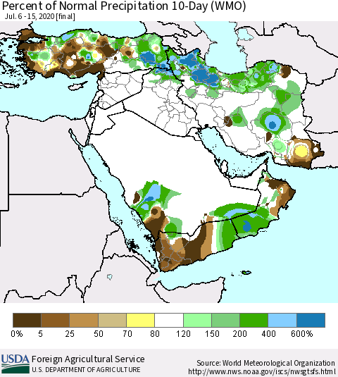 Middle East and Turkey Percent of Normal Precipitation 10-Day (WMO) Thematic Map For 7/6/2020 - 7/15/2020