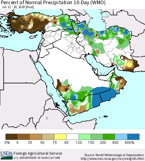 Middle East and Turkey Percent of Normal Precipitation 10-Day (WMO) Thematic Map For 7/11/2020 - 7/20/2020