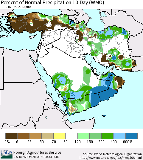 Middle East and Turkey Percent of Normal Precipitation 10-Day (WMO) Thematic Map For 7/16/2020 - 7/25/2020