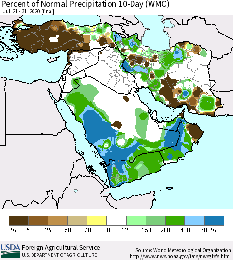 Middle East and Turkey Percent of Normal Precipitation 10-Day (WMO) Thematic Map For 7/21/2020 - 7/31/2020