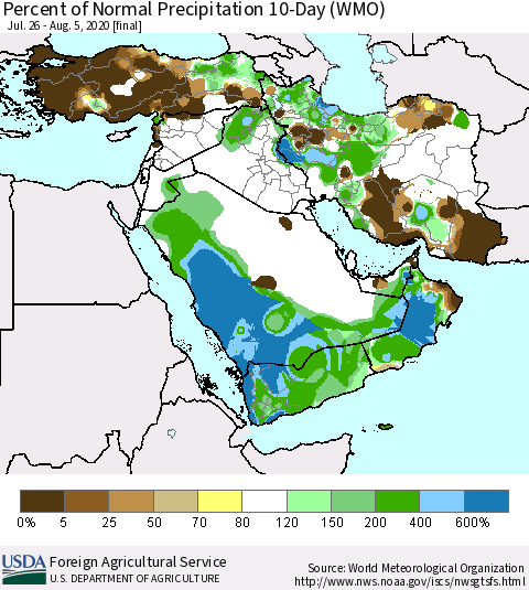 Middle East and Turkey Percent of Normal Precipitation 10-Day (WMO) Thematic Map For 7/26/2020 - 8/5/2020