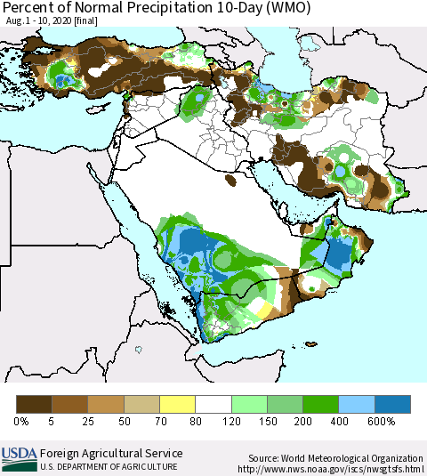 Middle East and Turkey Percent of Normal Precipitation 10-Day (WMO) Thematic Map For 8/1/2020 - 8/10/2020