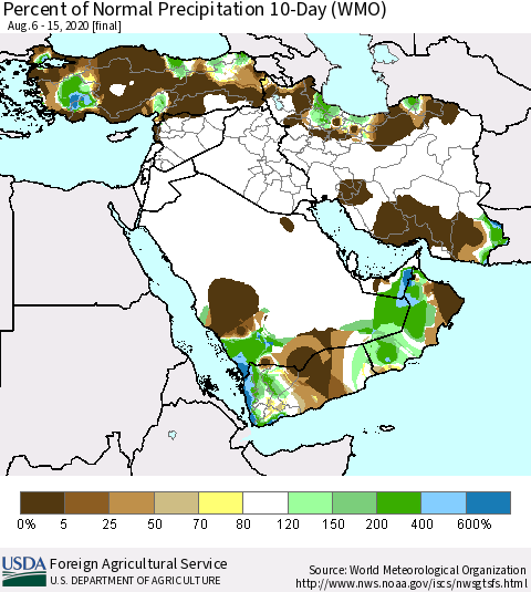 Middle East and Turkey Percent of Normal Precipitation 10-Day (WMO) Thematic Map For 8/6/2020 - 8/15/2020
