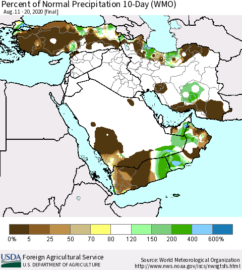 Middle East and Turkey Percent of Normal Precipitation 10-Day (WMO) Thematic Map For 8/11/2020 - 8/20/2020