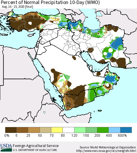 Middle East and Turkey Percent of Normal Precipitation 10-Day (WMO) Thematic Map For 8/16/2020 - 8/25/2020
