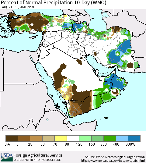 Middle East and Turkey Percent of Normal Precipitation 10-Day (WMO) Thematic Map For 8/21/2020 - 8/31/2020