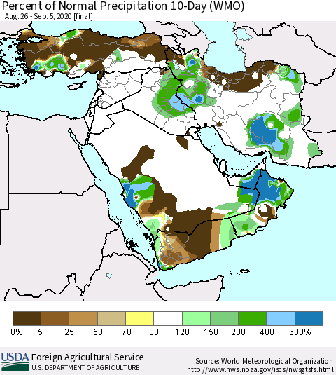Middle East and Turkey Percent of Normal Precipitation 10-Day (WMO) Thematic Map For 8/26/2020 - 9/5/2020