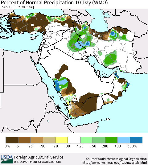Middle East and Turkey Percent of Normal Precipitation 10-Day (WMO) Thematic Map For 9/1/2020 - 9/10/2020