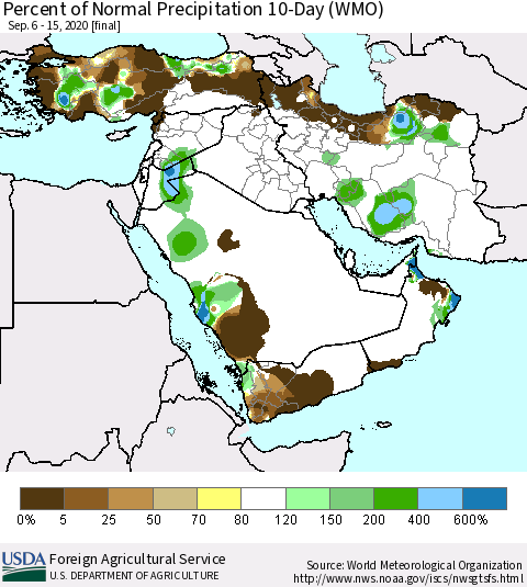 Middle East and Turkey Percent of Normal Precipitation 10-Day (WMO) Thematic Map For 9/6/2020 - 9/15/2020