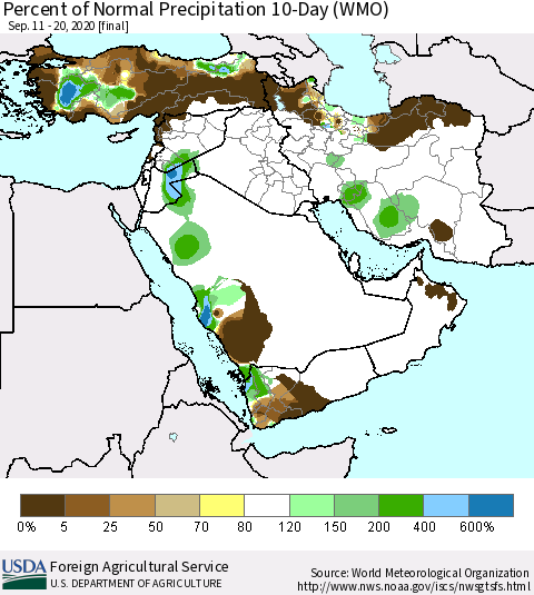 Middle East and Turkey Percent of Normal Precipitation 10-Day (WMO) Thematic Map For 9/11/2020 - 9/20/2020