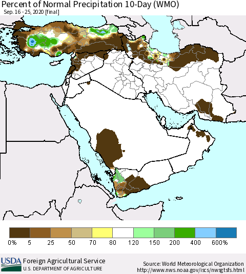 Middle East and Turkey Percent of Normal Precipitation 10-Day (WMO) Thematic Map For 9/16/2020 - 9/25/2020