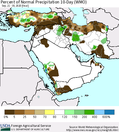 Middle East and Turkey Percent of Normal Precipitation 10-Day (WMO) Thematic Map For 9/21/2020 - 9/30/2020