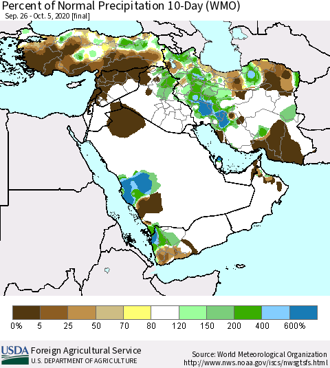 Middle East and Turkey Percent of Normal Precipitation 10-Day (WMO) Thematic Map For 9/26/2020 - 10/5/2020