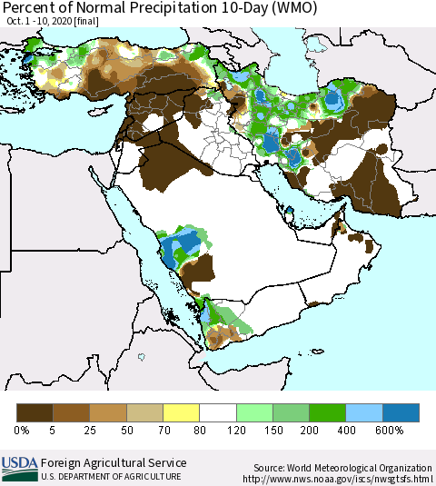 Middle East and Turkey Percent of Normal Precipitation 10-Day (WMO) Thematic Map For 10/1/2020 - 10/10/2020