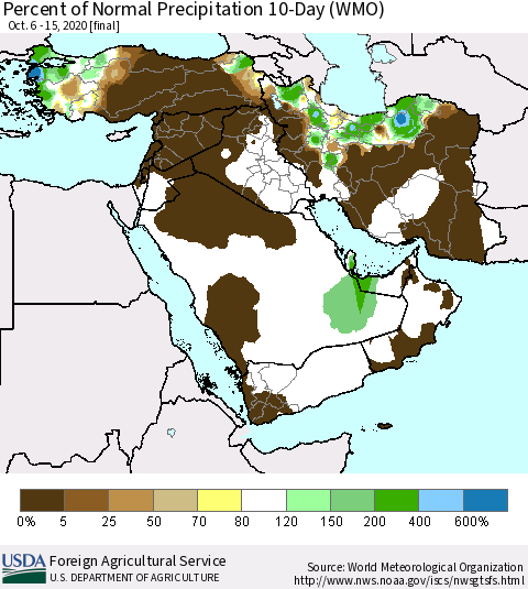 Middle East and Turkey Percent of Normal Precipitation 10-Day (WMO) Thematic Map For 10/6/2020 - 10/15/2020