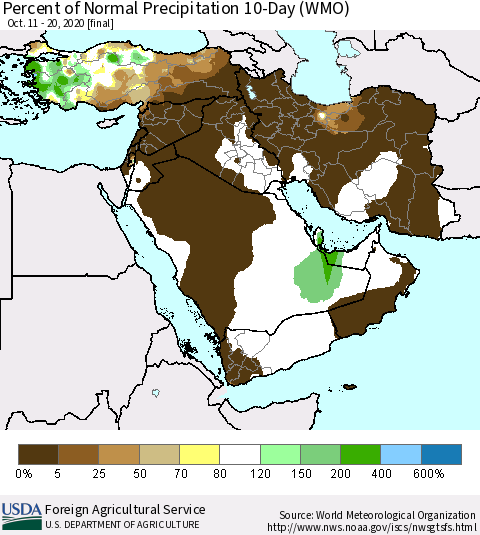 Middle East and Turkey Percent of Normal Precipitation 10-Day (WMO) Thematic Map For 10/11/2020 - 10/20/2020