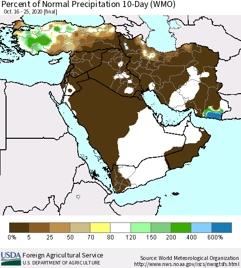 Middle East and Turkey Percent of Normal Precipitation 10-Day (WMO) Thematic Map For 10/16/2020 - 10/25/2020