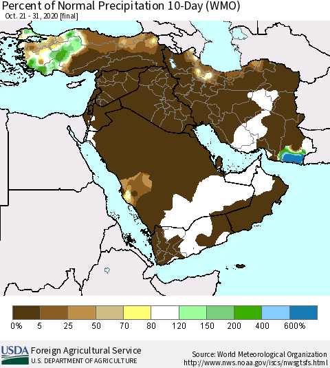 Middle East and Turkey Percent of Normal Precipitation 10-Day (WMO) Thematic Map For 10/21/2020 - 10/31/2020