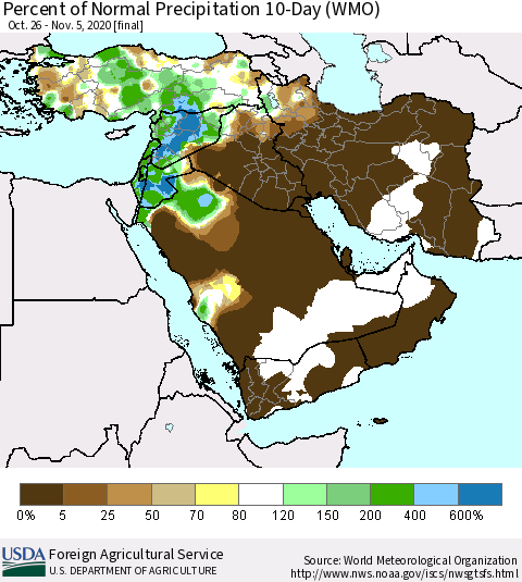 Middle East and Turkey Percent of Normal Precipitation 10-Day (WMO) Thematic Map For 10/26/2020 - 11/5/2020