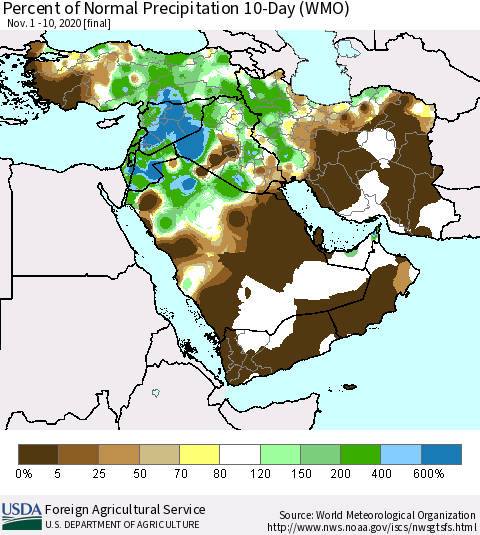 Middle East and Turkey Percent of Normal Precipitation 10-Day (WMO) Thematic Map For 11/1/2020 - 11/10/2020