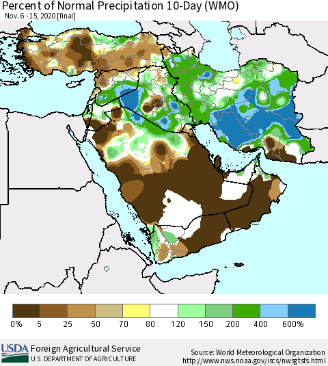 Middle East and Turkey Percent of Normal Precipitation 10-Day (WMO) Thematic Map For 11/6/2020 - 11/15/2020