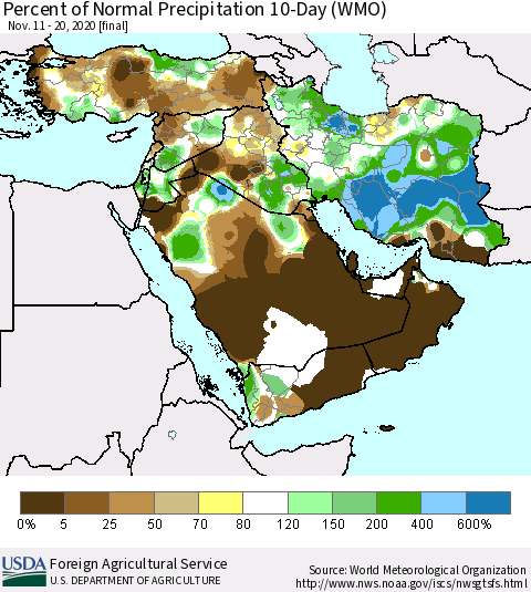 Middle East and Turkey Percent of Normal Precipitation 10-Day (WMO) Thematic Map For 11/11/2020 - 11/20/2020