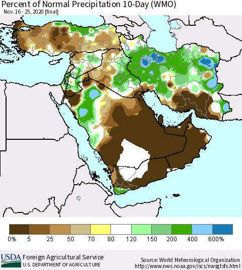 Middle East and Turkey Percent of Normal Precipitation 10-Day (WMO) Thematic Map For 11/16/2020 - 11/25/2020
