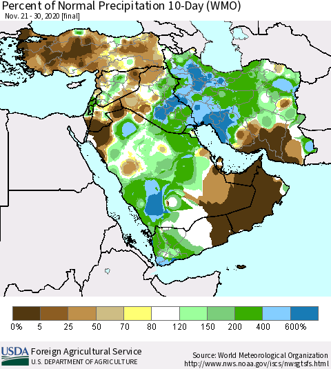 Middle East and Turkey Percent of Normal Precipitation 10-Day (WMO) Thematic Map For 11/21/2020 - 11/30/2020