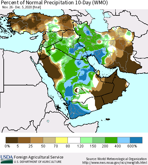 Middle East and Turkey Percent of Normal Precipitation 10-Day (WMO) Thematic Map For 11/26/2020 - 12/5/2020