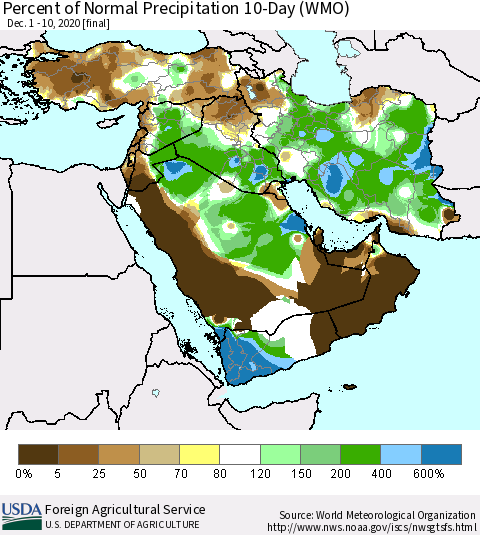 Middle East and Turkey Percent of Normal Precipitation 10-Day (WMO) Thematic Map For 12/1/2020 - 12/10/2020